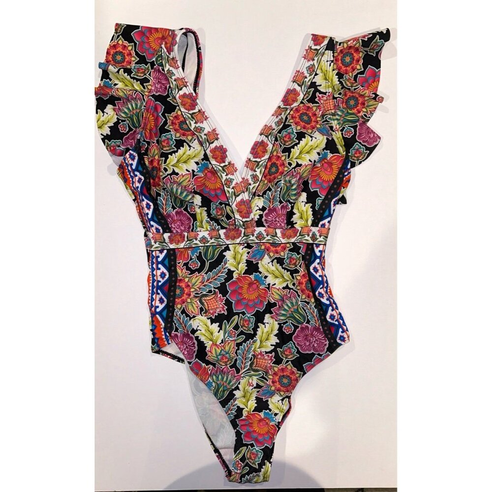 Cap Sleeve Floral One Piece Swim Sz M
